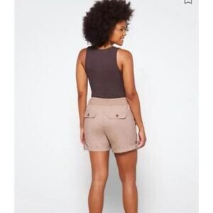 NWT Democracy Sz S Tan Hirise Cuff Tab Shirred Waist Back Pckts Linen Blnd Short
